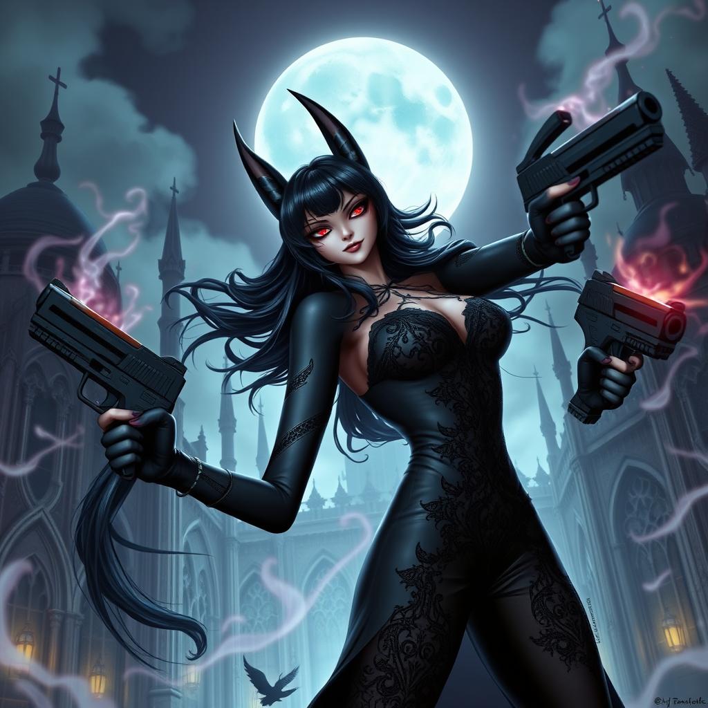 A striking image of a fierce, confident witch resembling Bayonetta, dressed in her signature form-fitting black attire with intricate lace details