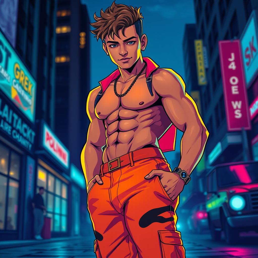 A striking portrait of a beautiful boy with curvy hips and thighs, styled in a way inspired by the vibrant aesthetics of Grand Theft Auto
