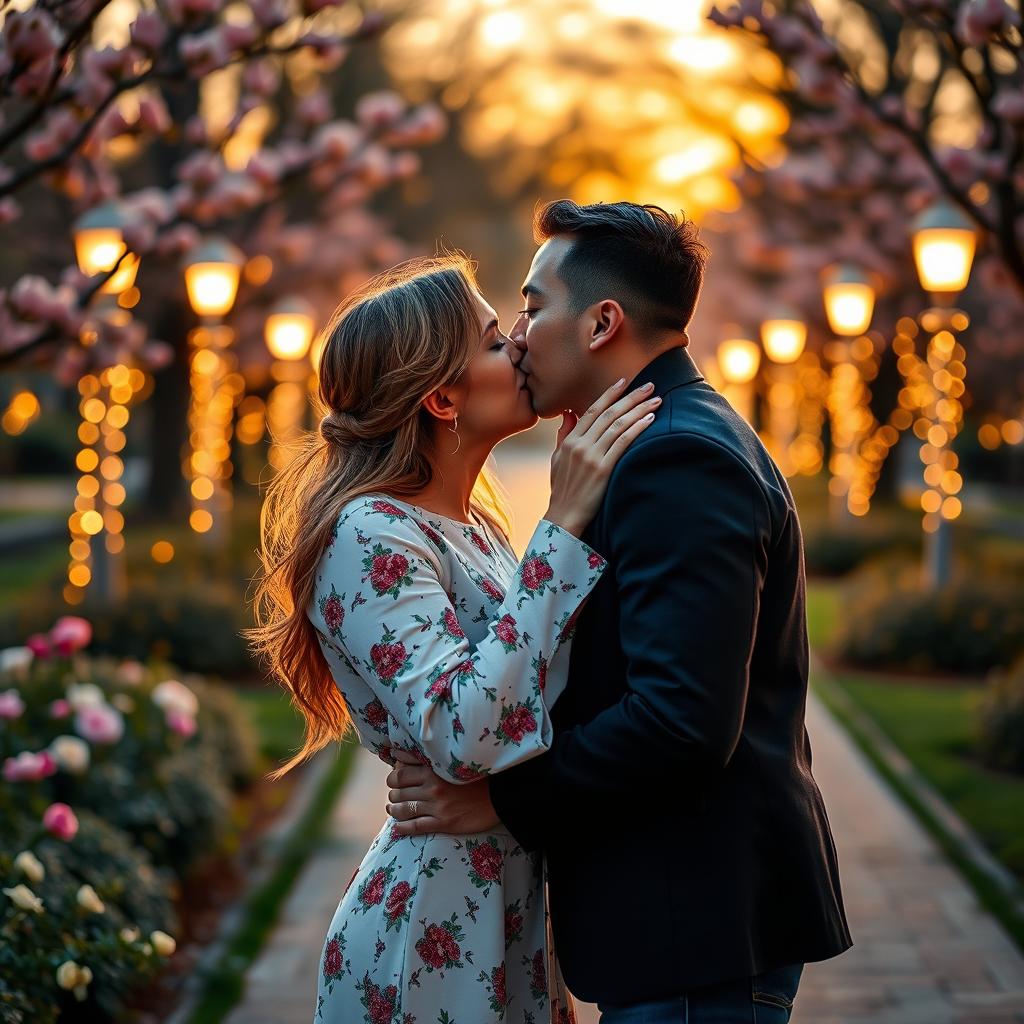 A romantic scene featuring a couple passionately kissing each other