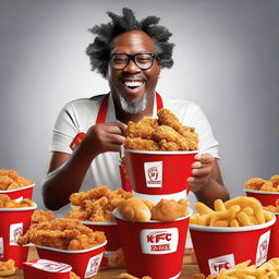 An individual passionately enjoying a feast of KFC meals, with buckets of fried chicken, fries, and drinks arrayed around them.