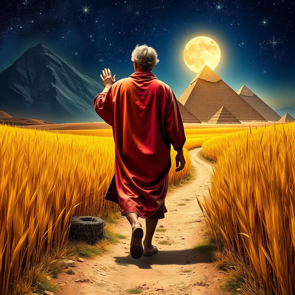 A dramatic scene depicting Joseph in an exceptionally bright and vibrant technicolor dream coat, walking with his back to us through a tall golden grain field