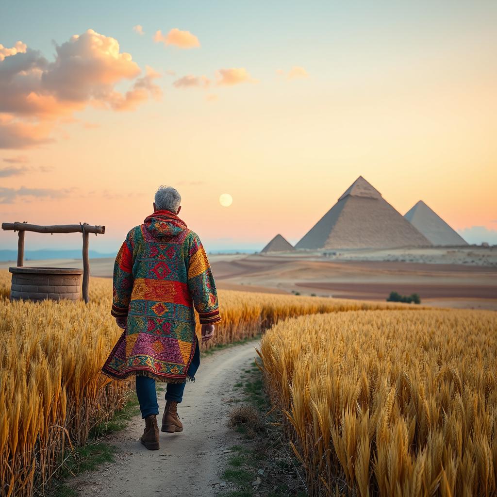 A scene depicting a man in a vibrant technicolor dream coat, where different colors are intricately woven together, walking with his back to us through a tall golden grain field