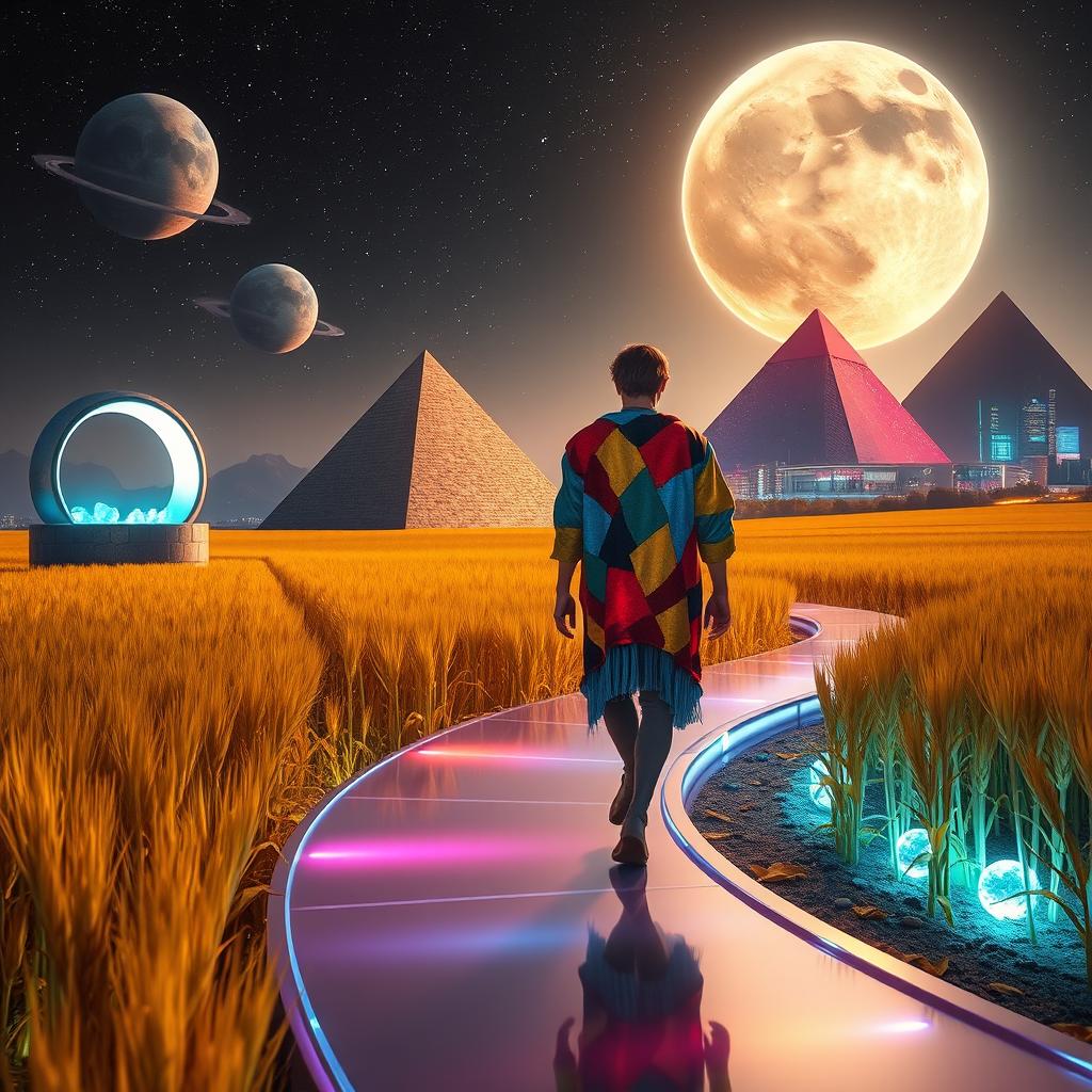 A futuristic scene depicting Joseph in his vibrant multi-colored coat made of various pieces of fabric woven together, walking with his back to us through a tall field of golden grain enhanced with bioluminescent plants