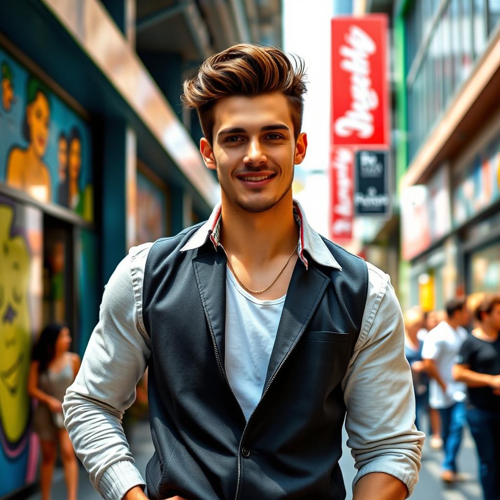 A confident, stylish man posing with charisma and charm, wearing a sleek casual outfit that showcases his fashion sense