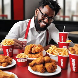 An individual passionately enjoying a feast of KFC meals, with buckets of fried chicken, fries, and drinks arrayed around them.