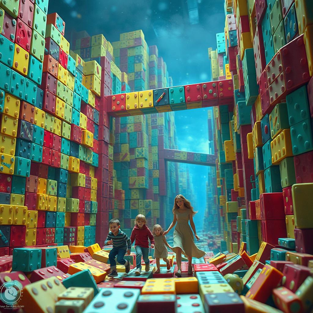 A small family, tiny in scale, exploring a vast, giant world made entirely of colorful domino pieces