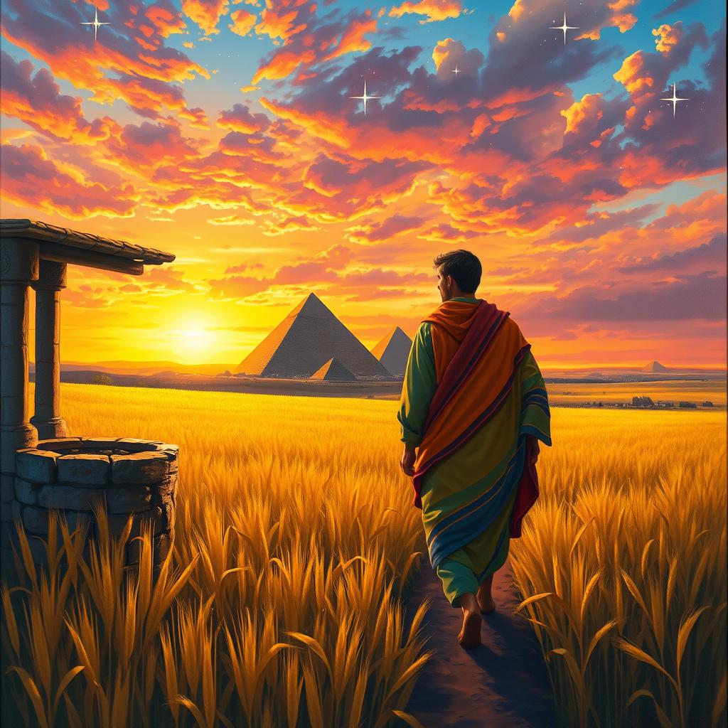A painting depicting Joseph in his colorful dream coat walking through a golden grain field