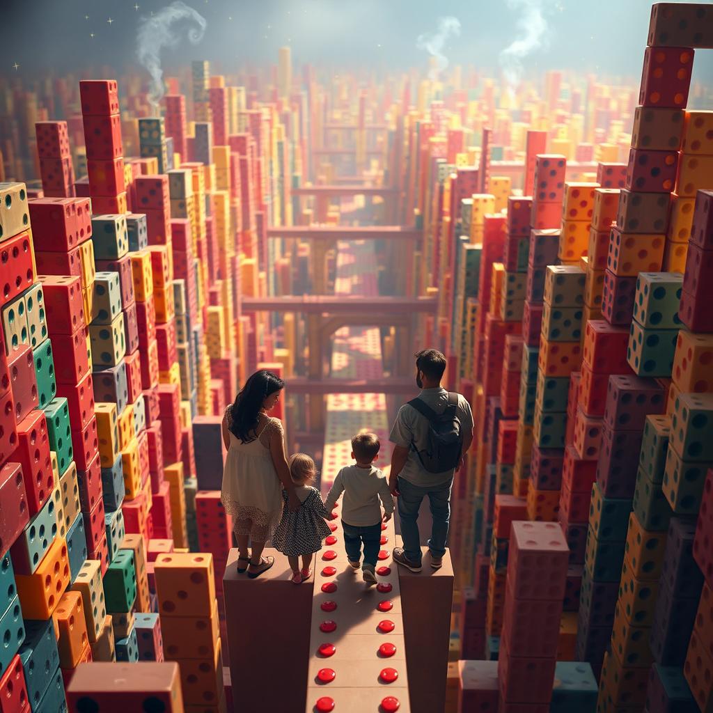A small family of three, appearing tiny in scale, stands amidst a vast landscape made entirely of towering dominoes