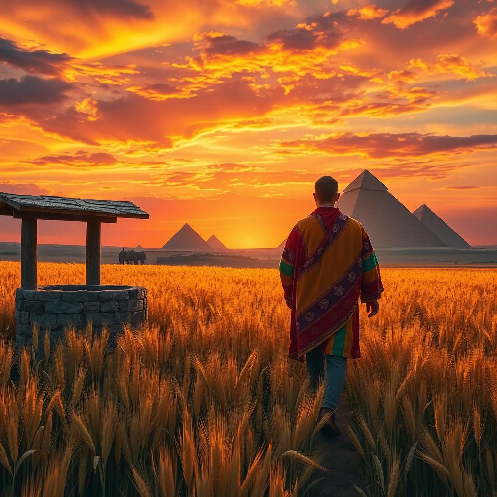A photograph-like image depicting Joseph in his colorful dream coat walking through tall golden grain fields