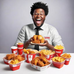 An individual passionately enjoying a feast of KFC meals, with buckets of fried chicken, fries, and drinks arrayed around them.