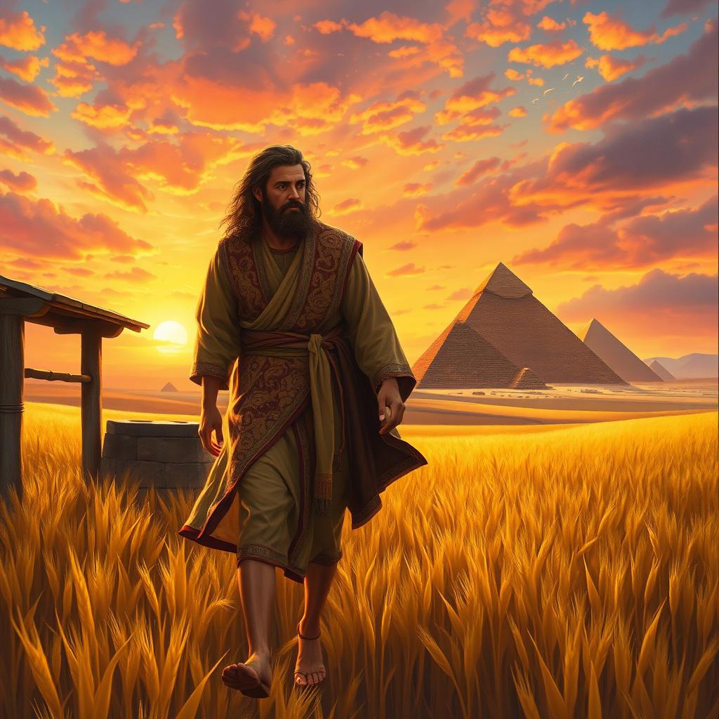 A painting depicting Joseph in a more traditional ancient attire with a richly patterned coat as he walks through a golden grain field