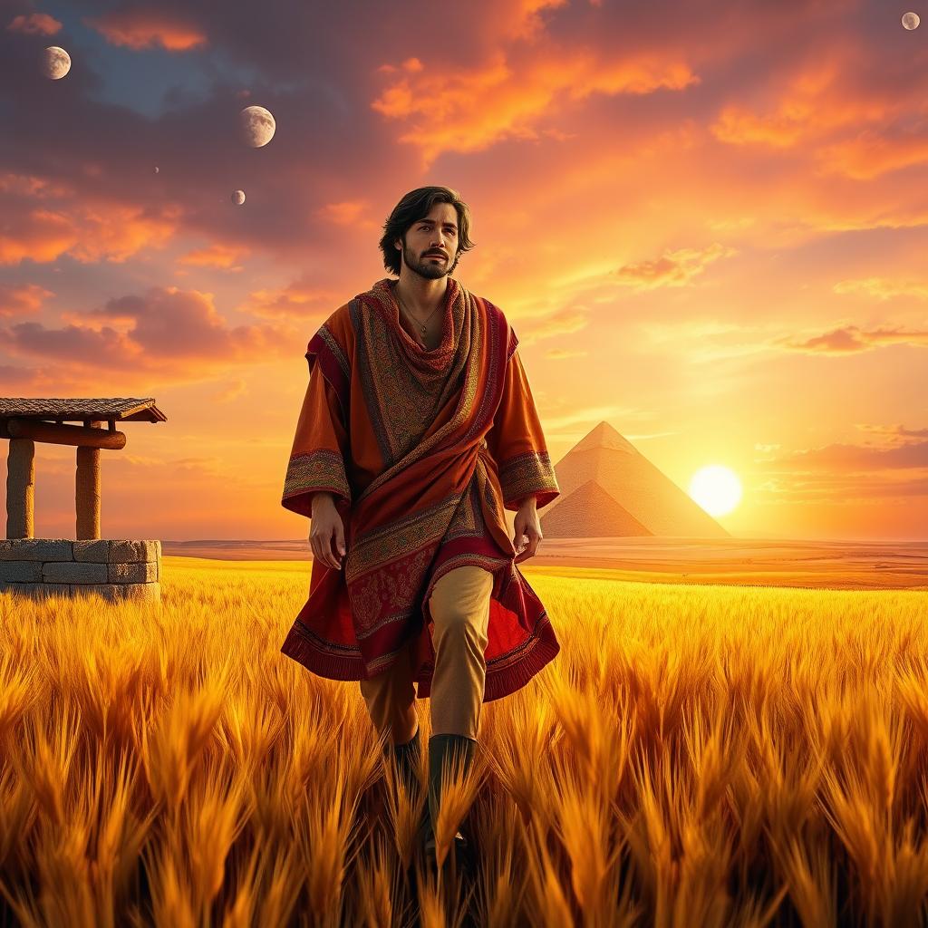 A photograph-like image depicting Joseph in his colorful dream coat walking through a golden grain field