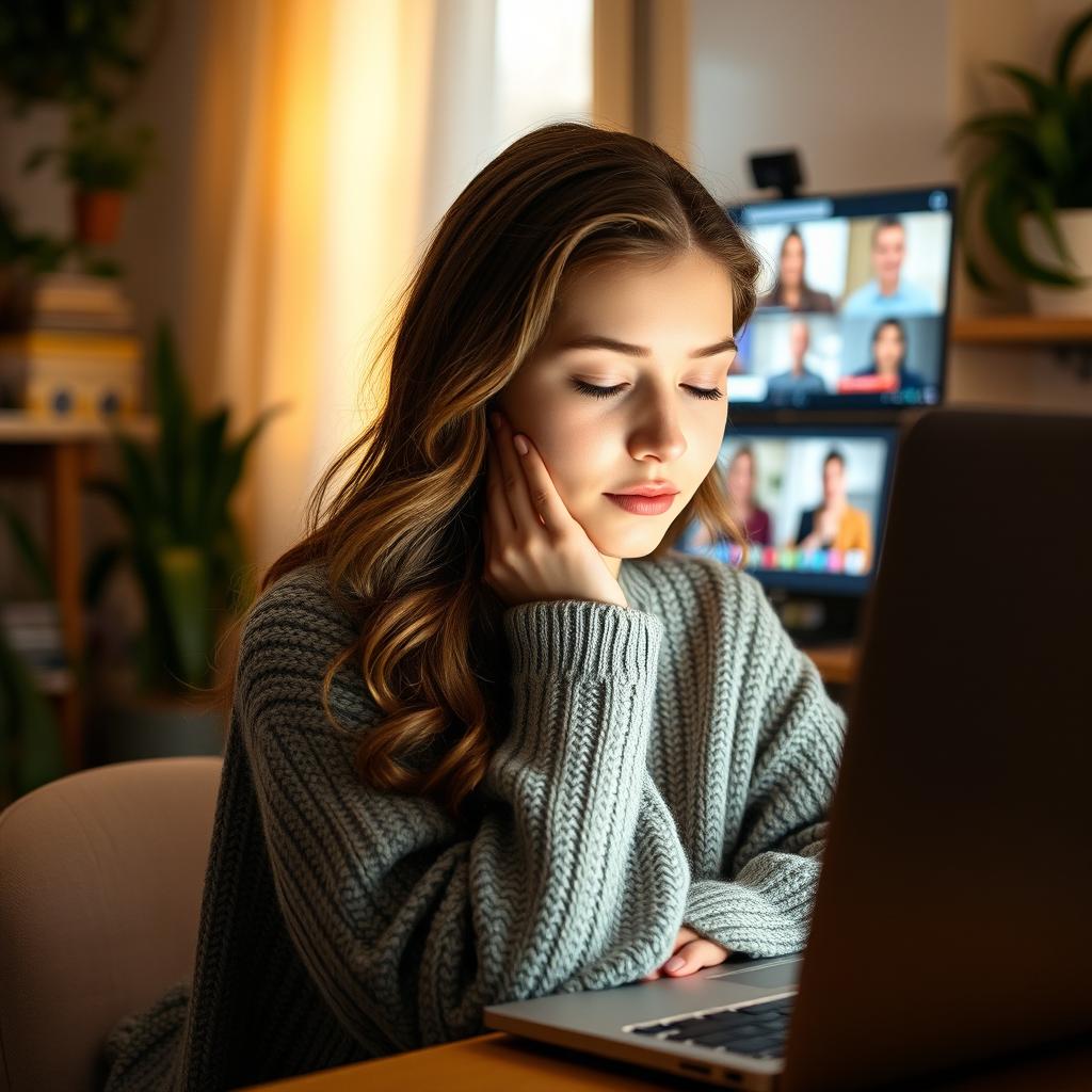 A scene depicting a young woman sitting at her home desk during a virtual meeting