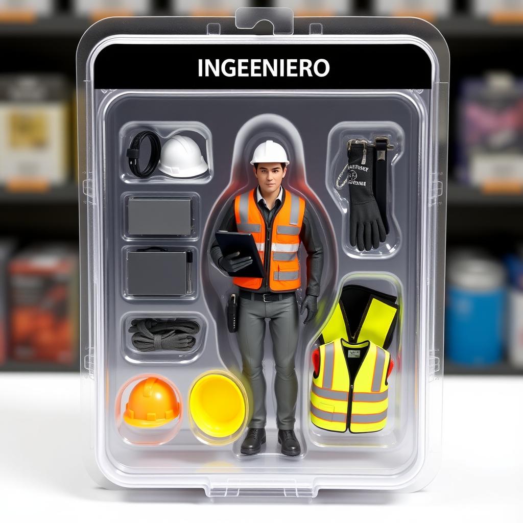 A collectible action figure designed as an engineer, packaged in a molded compartment
