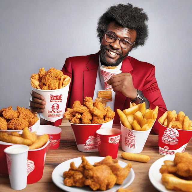 An individual passionately enjoying a feast of KFC meals, with buckets of fried chicken, fries, and drinks arrayed around them.