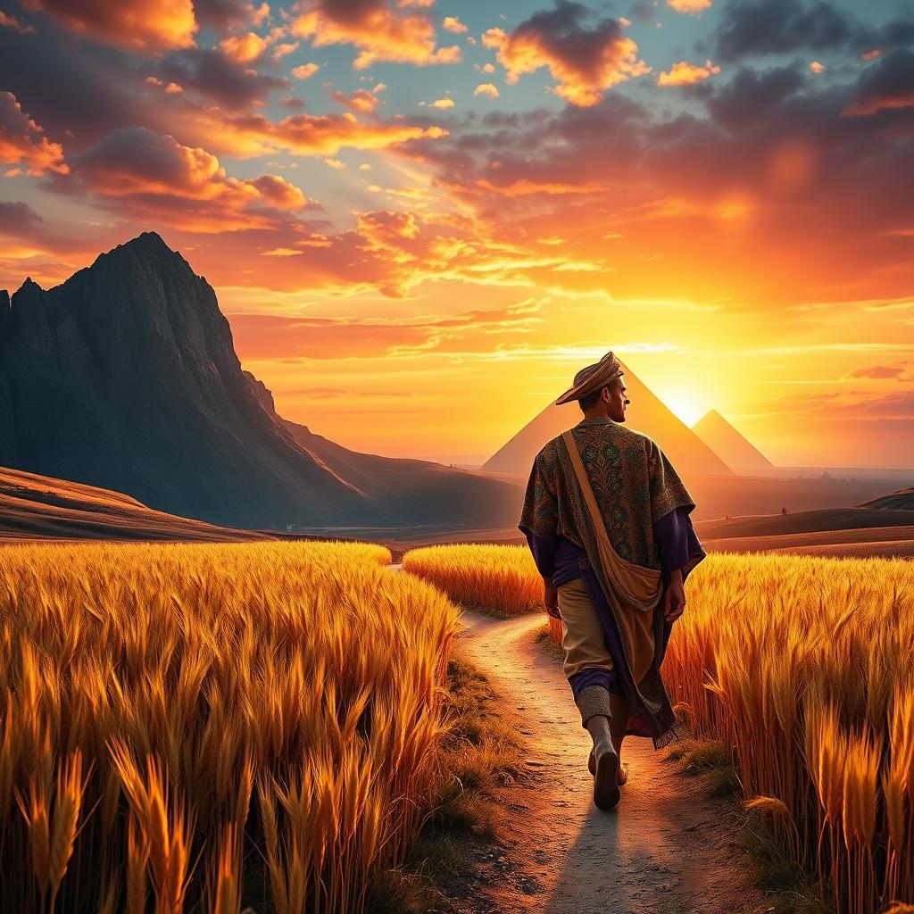 A photograph-like image depicting Joseph in his colorful dream coat walking through a field of tall golden grain on a narrow winding dirt road