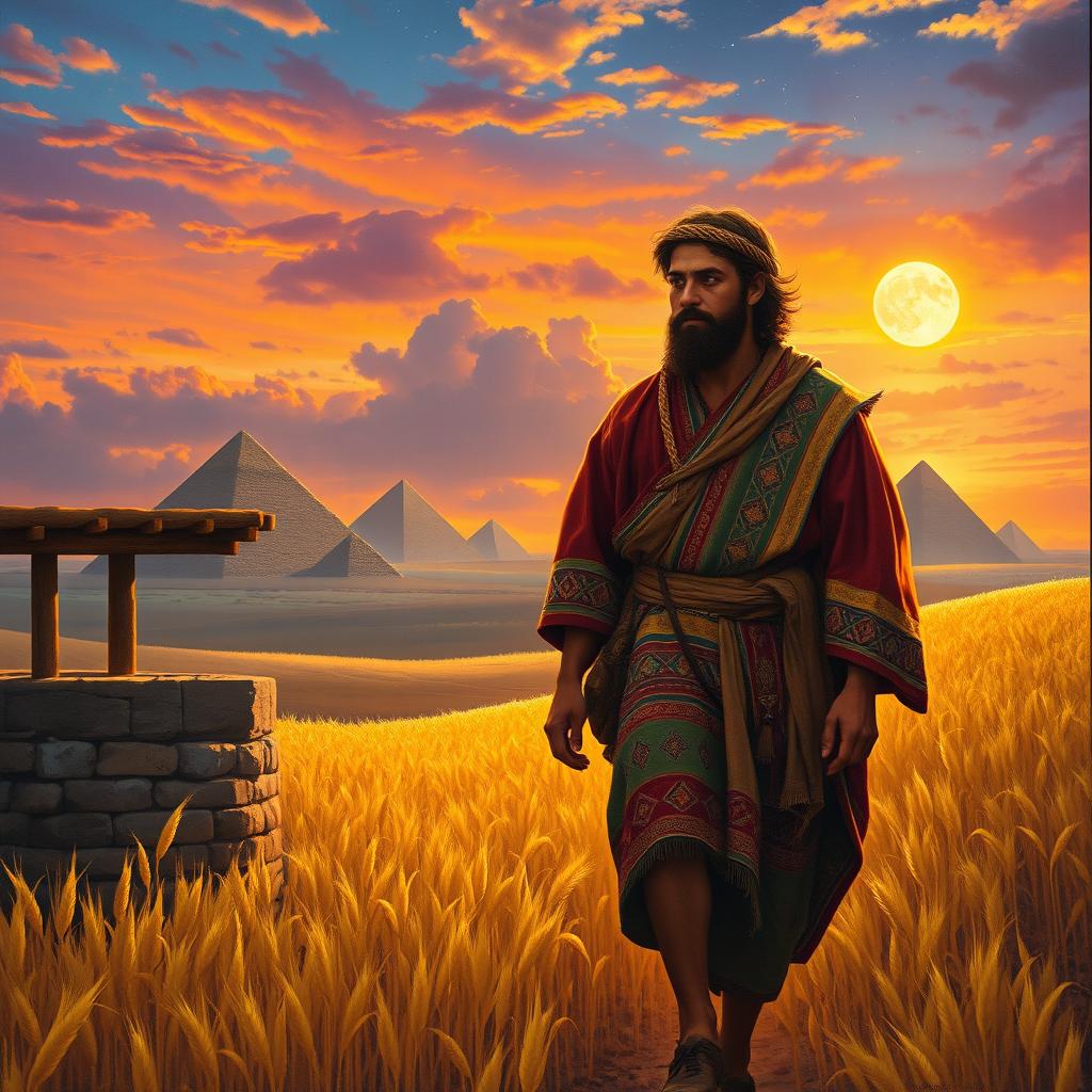 A painting depicting Joseph in a traditional multi-colored coat woven with intricate patterns, reflecting ancient times, as he walks through a golden grain field