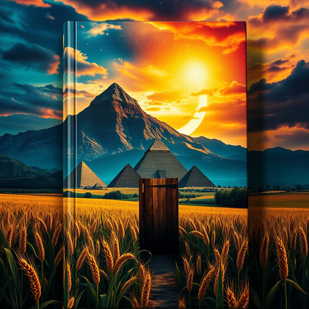A dramatic book cover featuring a stunning mountain range towering in the background, lush tall grain fields sprawling in the foreground
