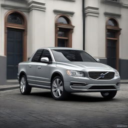 A sleek and modern Volvo S80, reimagined as a robust and rugged pickup truck with a spacious loading area at the back.