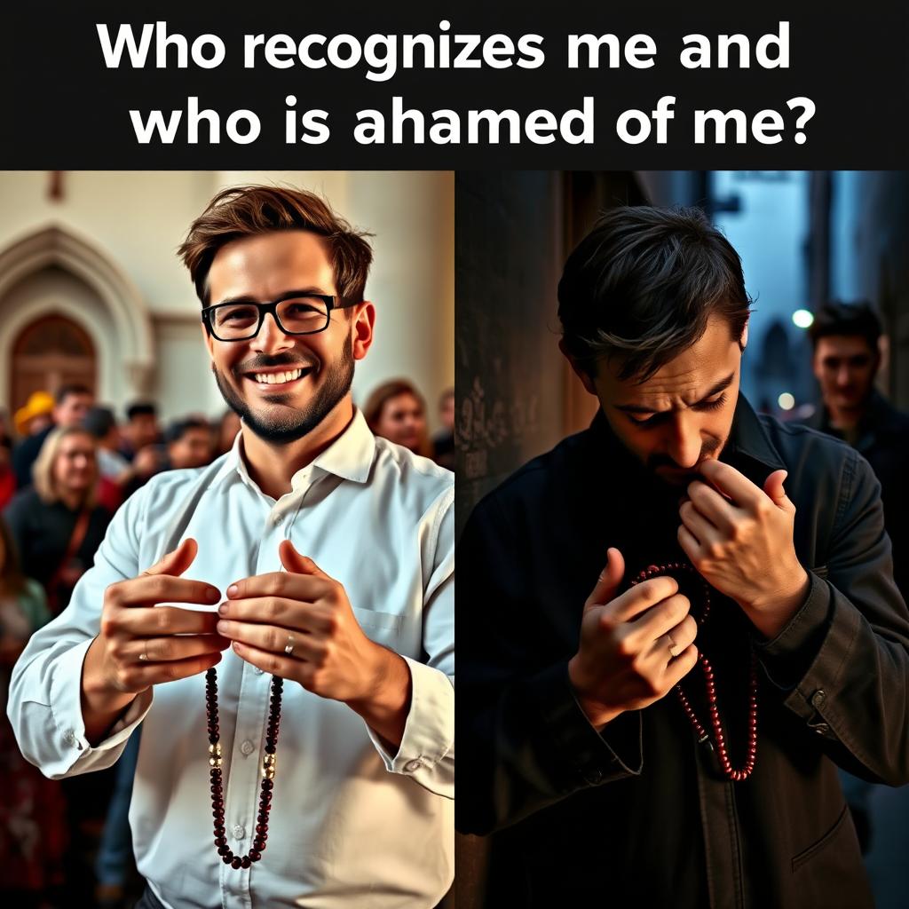 A split image divided into two parts: on the left side, a confident man with a warm smile, skillfully handling a beautiful rosary in front of an intrigued crowd, showcasing an atmosphere of reverence and connection; on the right side, a discreet man with a worried expression, hurriedly hiding his rosary from onlookers, creating a tense ambiance of secrecy and shame