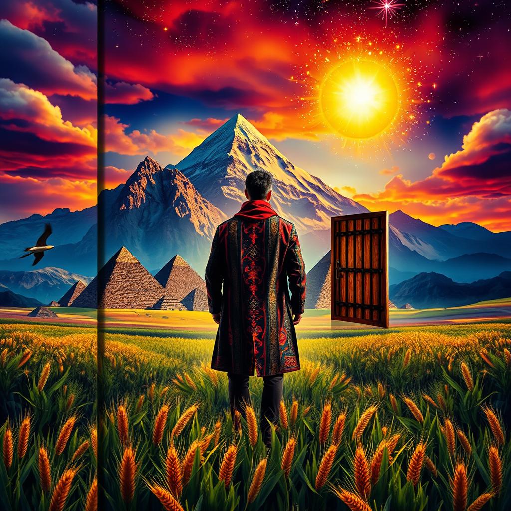A dramatic book cover featuring a stunning mountain range towering in the background, lush tall grain fields sprawling in the foreground
