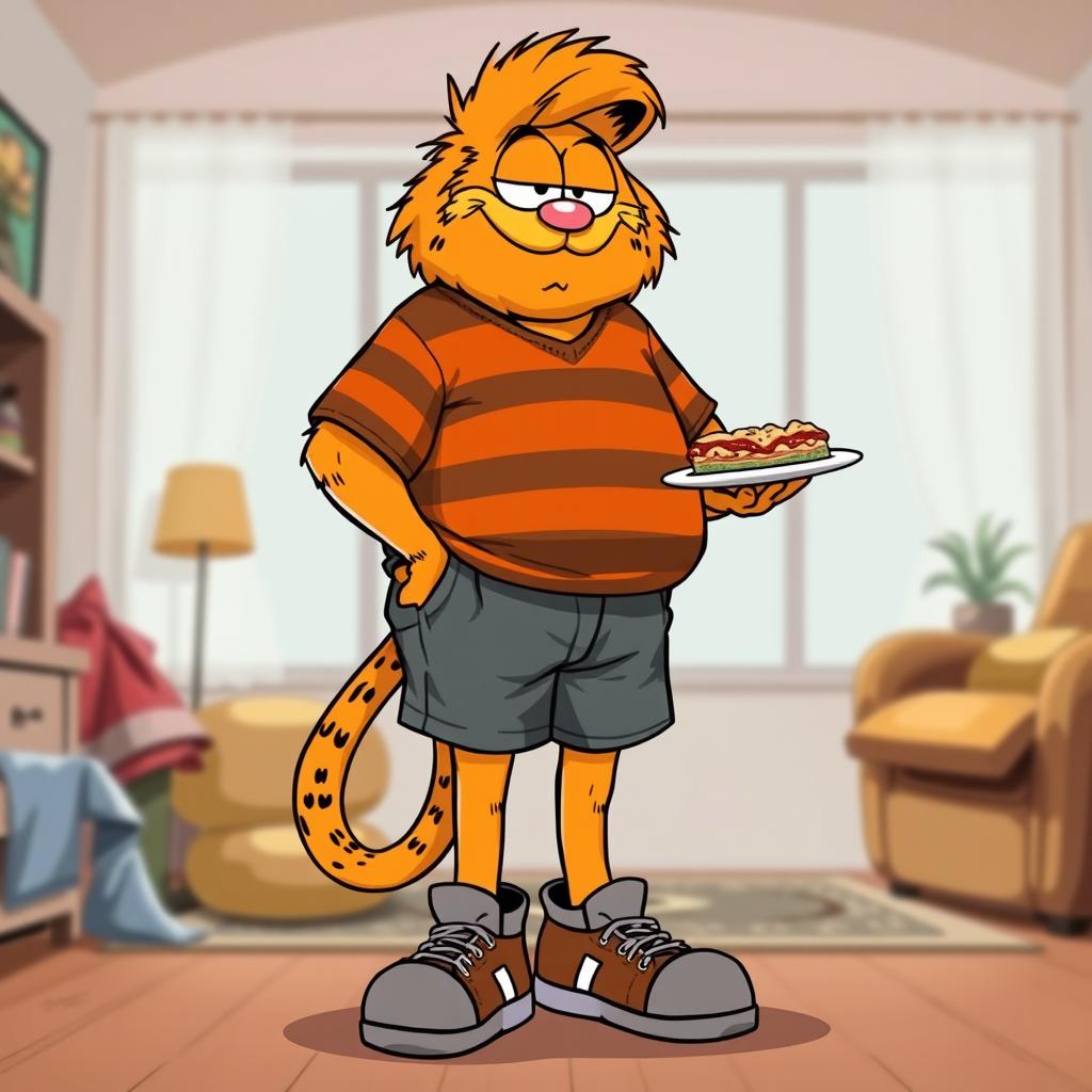 A human character inspired by Garfield, the iconic cartoon cat, portrayed as a plump, cheerful man with features reflecting Garfield's playful personality