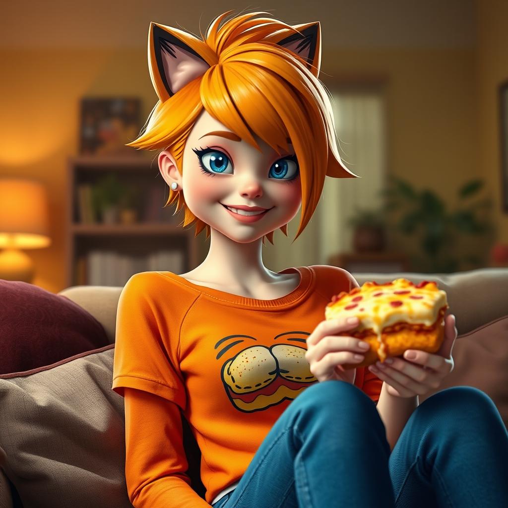 A photorealistic depiction of a female character inspired by Garfield, the iconic cartoon cat