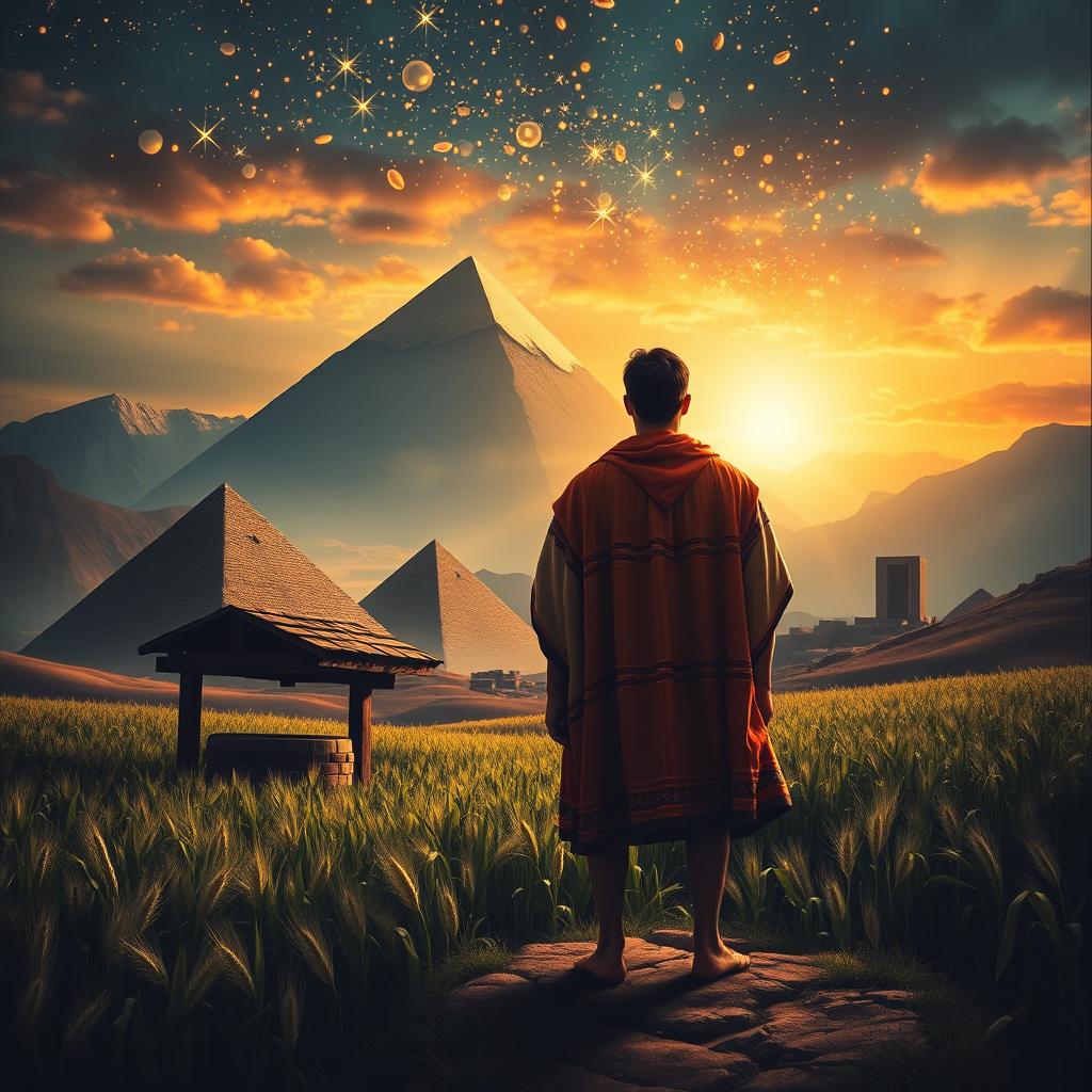 A dramatic book cover featuring a majestic mountain range in the background, lush tall grain fields in the foreground, and an ancient well prominently placed to one side
