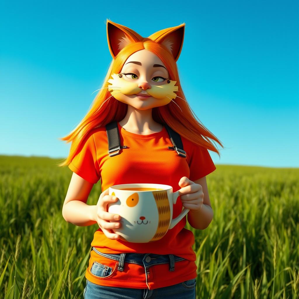 A photorealistic portrayal of a female character inspired by Garfield, the iconic cartoon cat