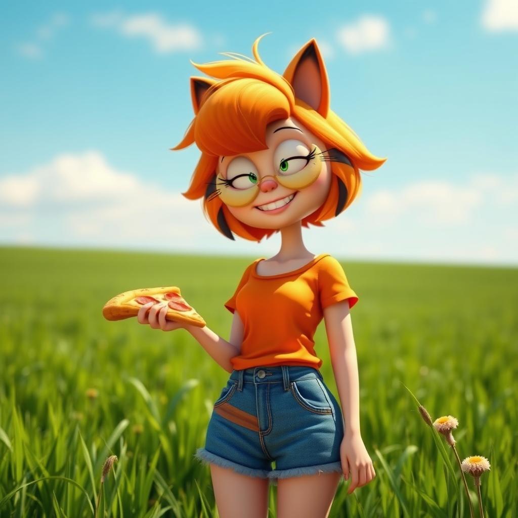 A photorealistic image of a female character inspired by Garfield, the beloved cartoon cat