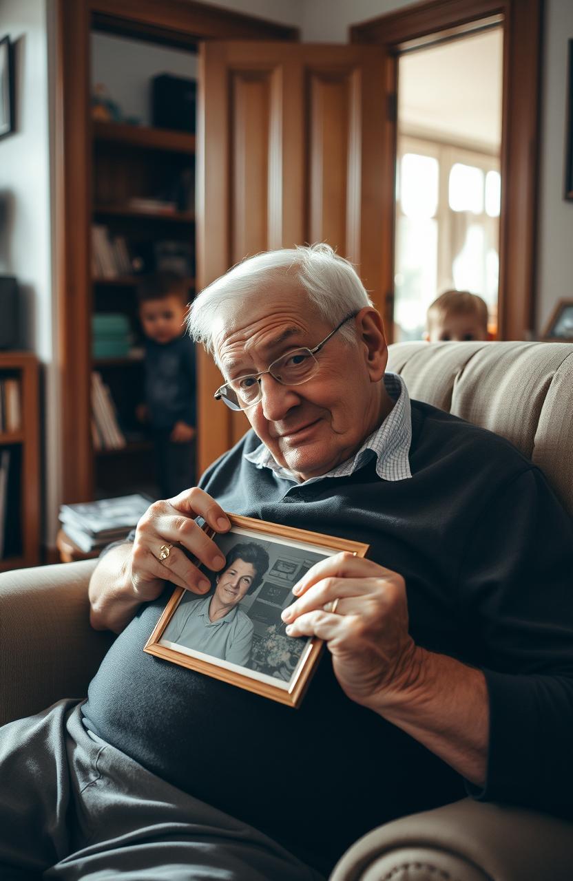 An elderly grandfather sitting in a cozy armchair, tightly holding an old photograph of his beloved wife against his chest, a look of nostalgia and affection on his face