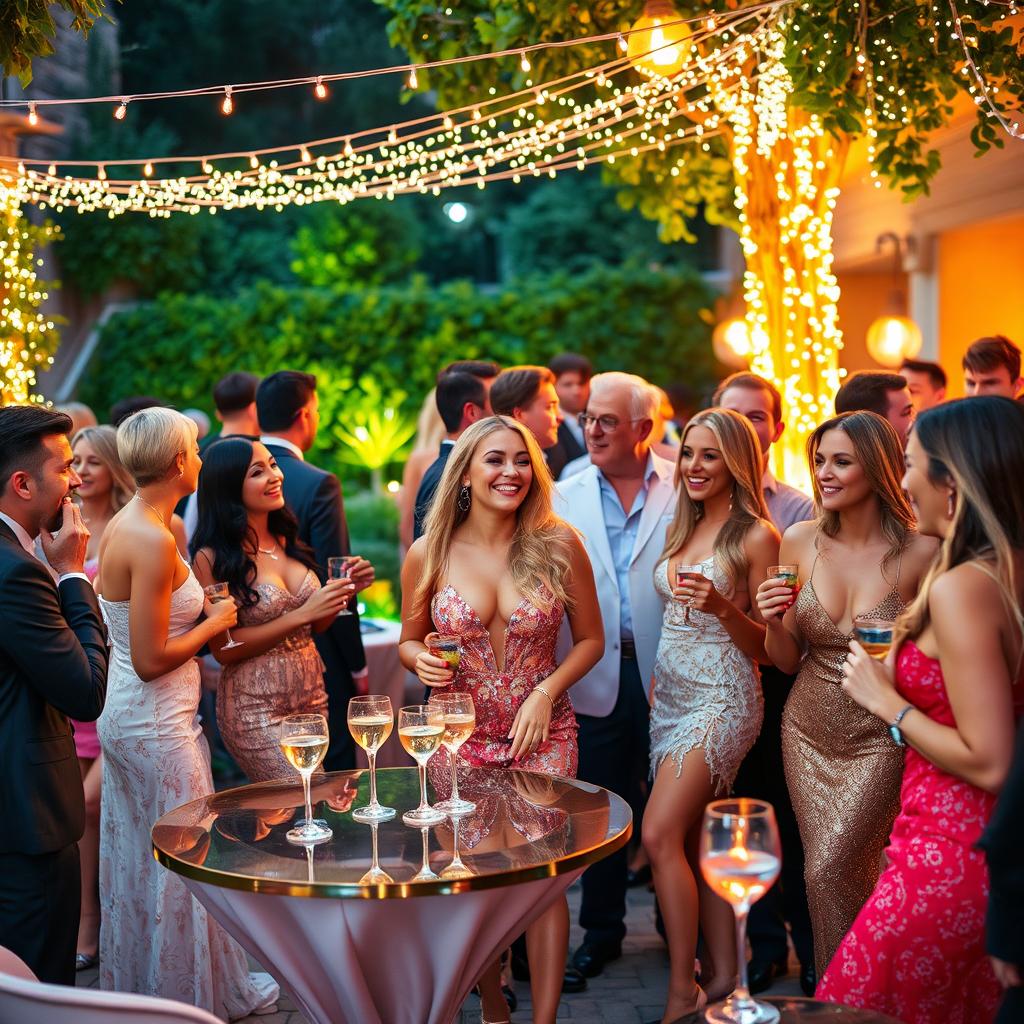 A vibrant and lively scene featuring a glamorous outdoor party with various celebrities mingling and interacting