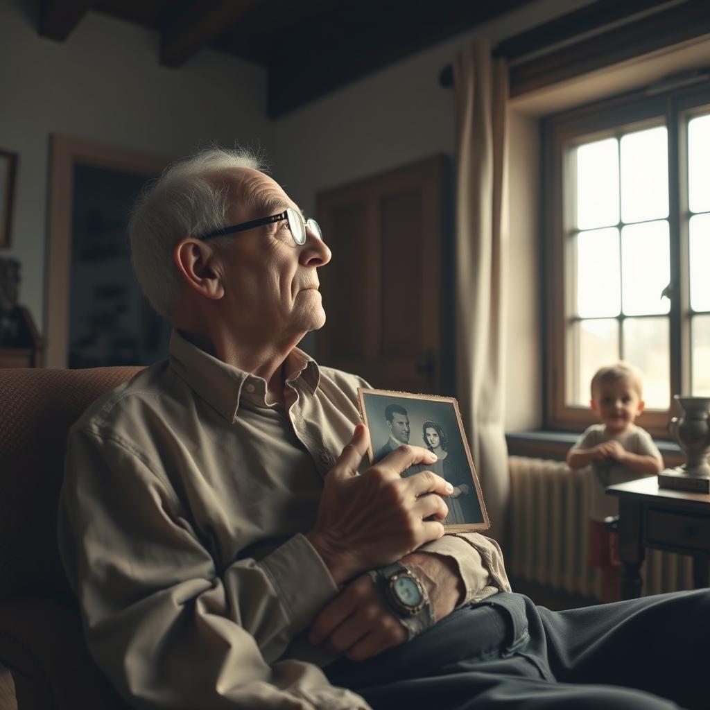 A thin elderly grandfather with glasses sitting in an armchair on an attic, gazing dreamily out of a window at the sky