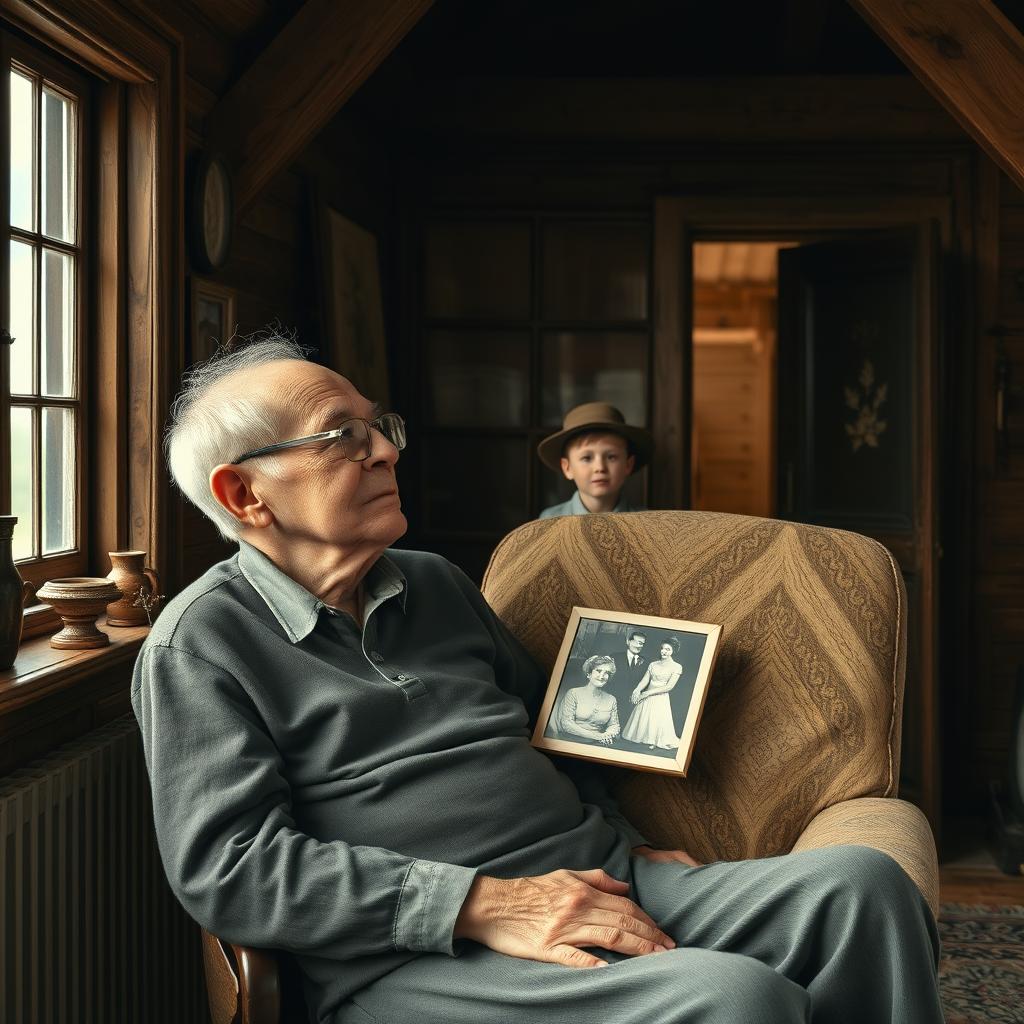 A thin elderly grandfather with glasses, sitting in an armchair on an attic, gazing thoughtfully out of a window at the sky