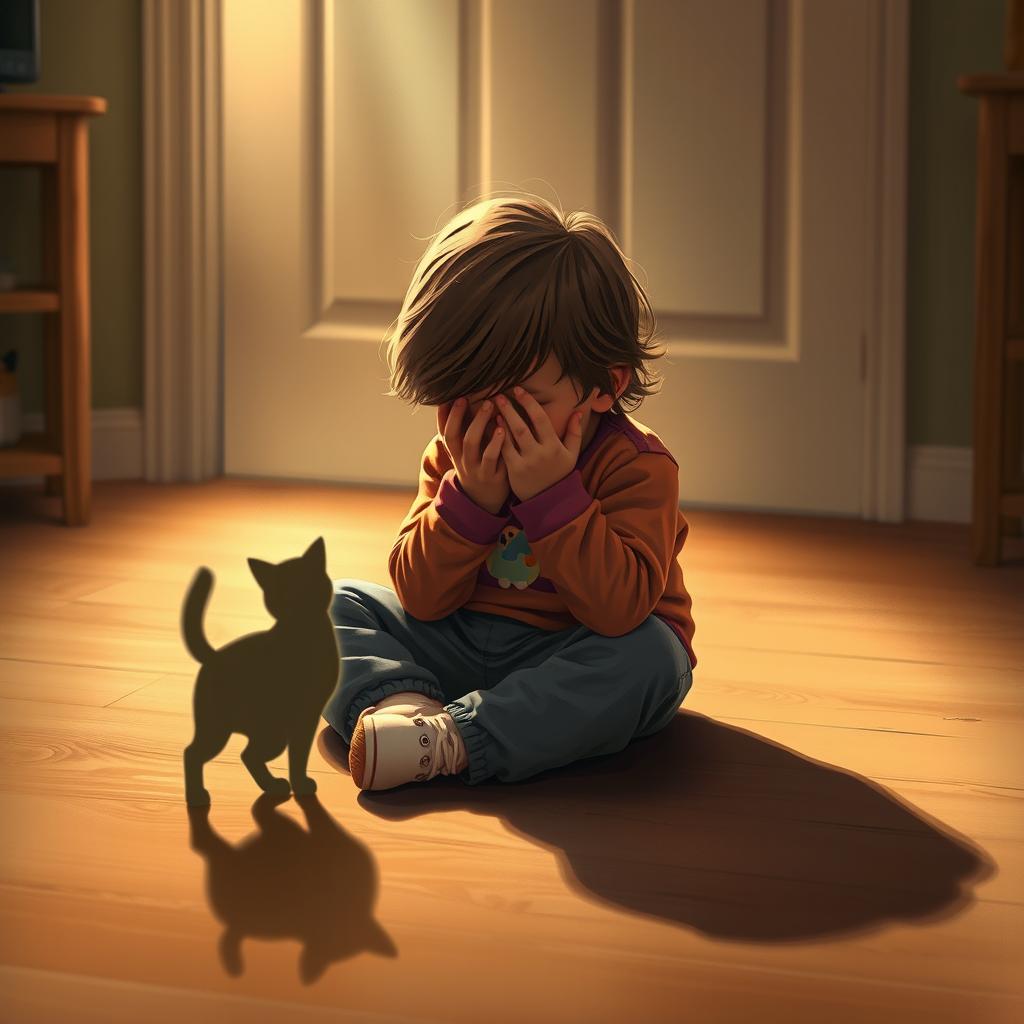 A poignant scene depicting a child sitting on the floor with a sorrowful expression, gently covering their face with their hands as if in distress