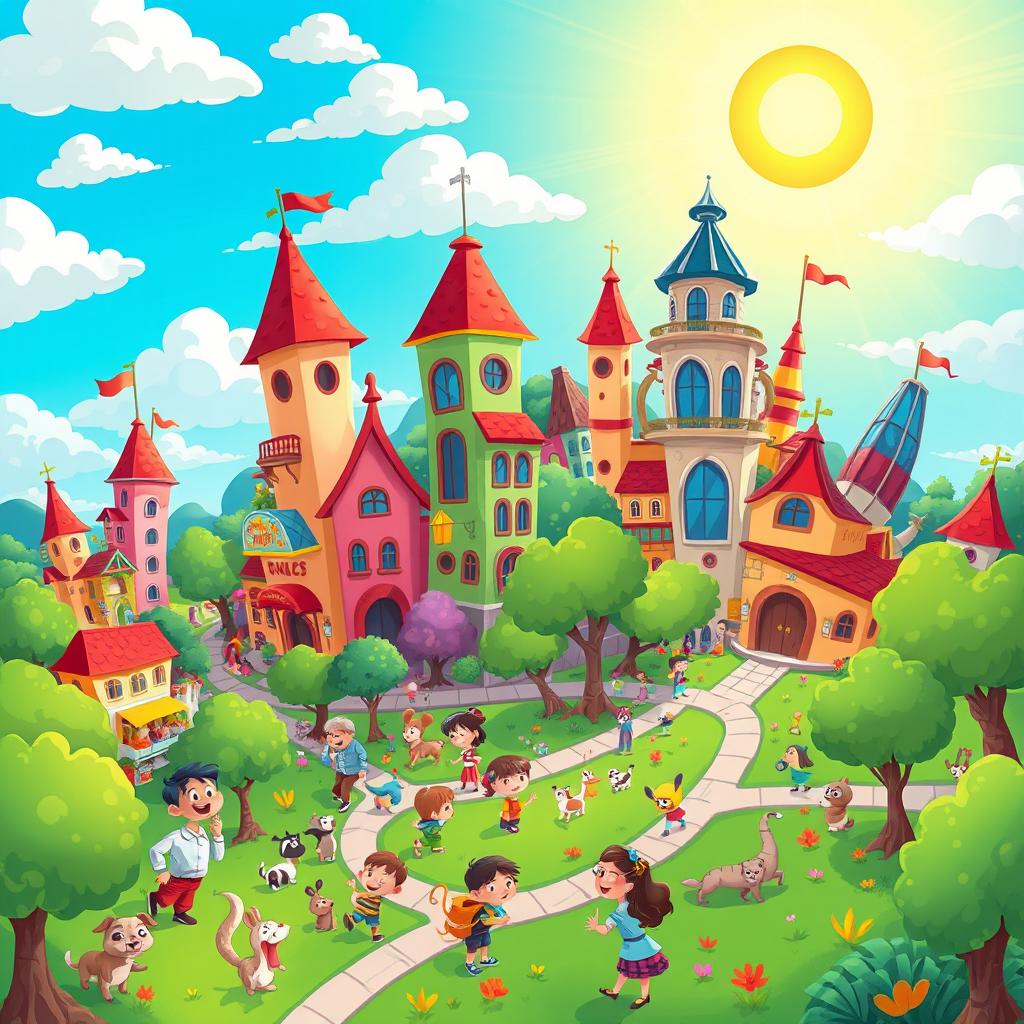 A vibrant and colorful cartoon illustration featuring an imaginary cityscape bustling with lively characters