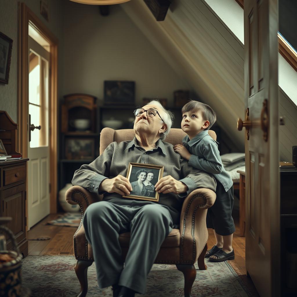 A thin elderly grandfather with glasses sitting in a vintage armchair on an attic, gazing up thoughtfully at the sky