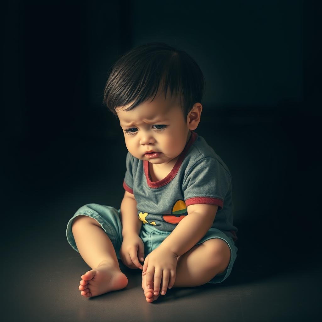 A touching scene featuring a child sitting on the floor, visibly upset and crying, with tears glistening on their cheeks