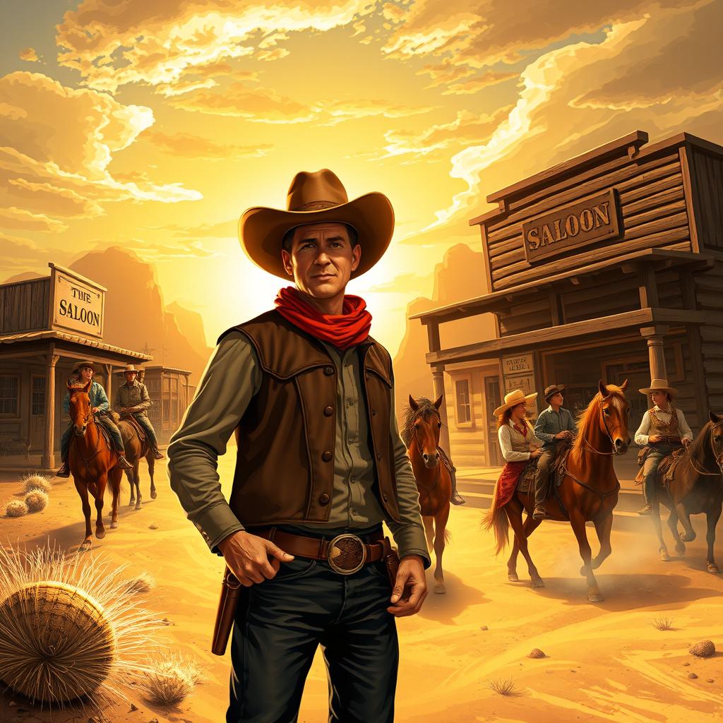 A vibrant scene depicting the Wild West, showcasing a rustic frontier town with wooden buildings, a saloon, and cowboys riding horses