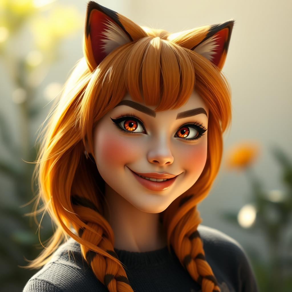 A photorealistic portrait of a character inspired by Garfield, reimagined as a young woman