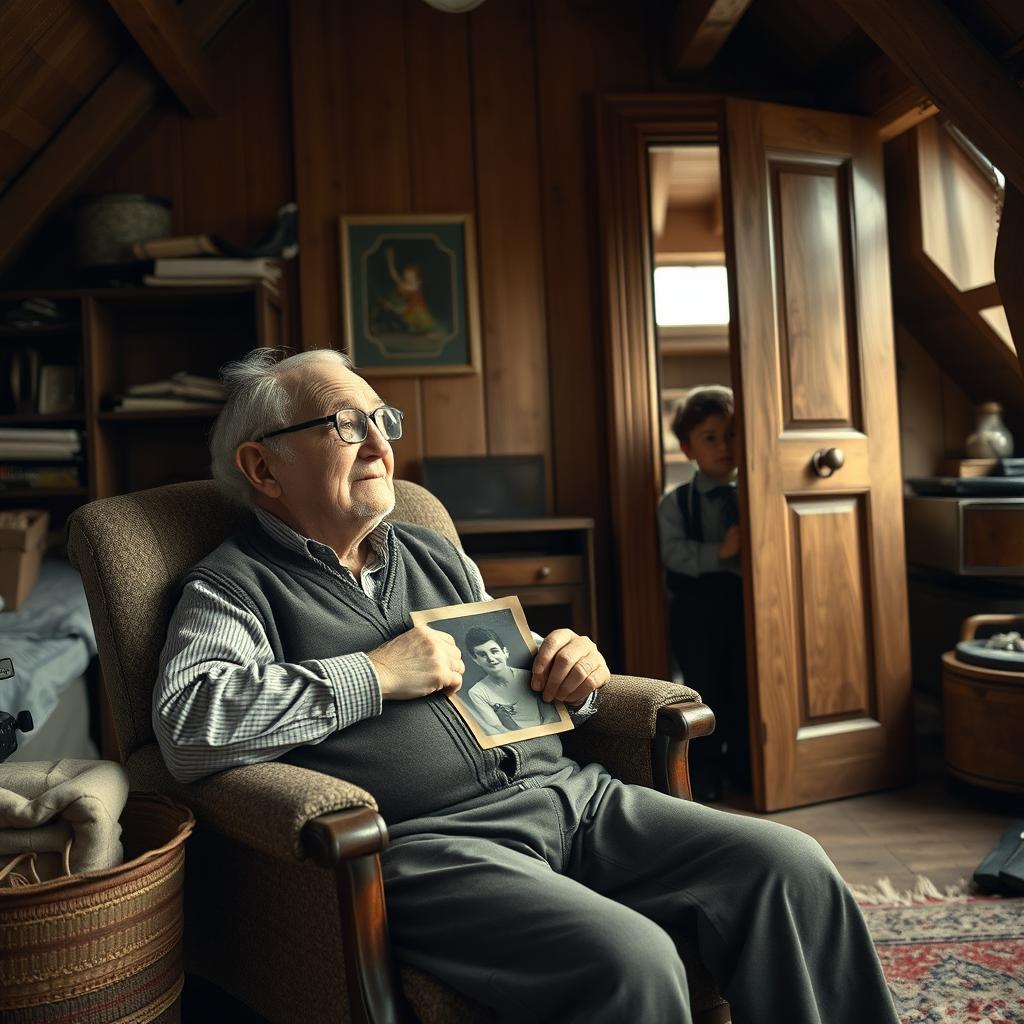 A thin elderly grandfather with glasses sitting in an armchair on an attic, gazing thoughtfully at the sky