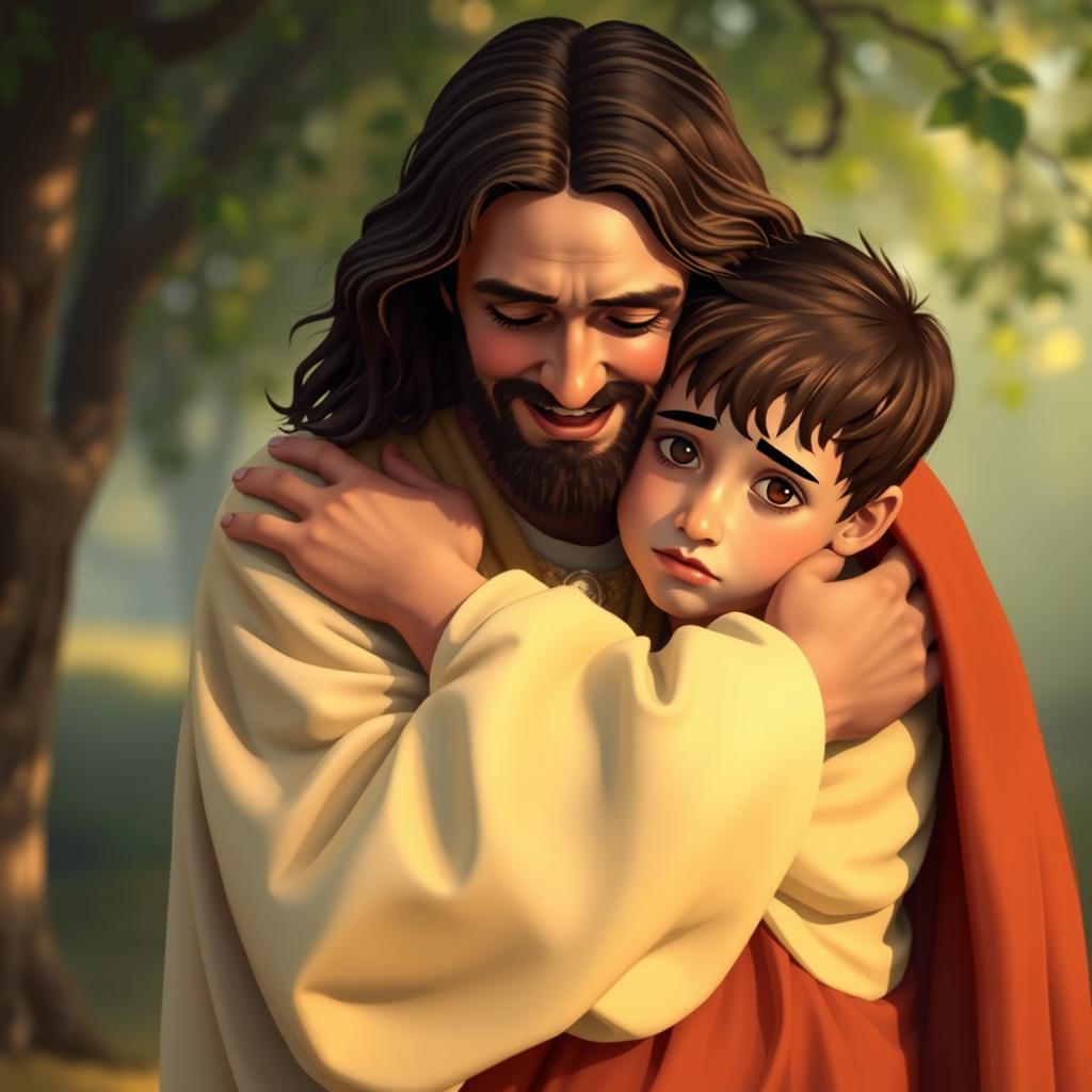A warm and comforting scene depicting Jesus embracing an afraid young boy in a tender moment