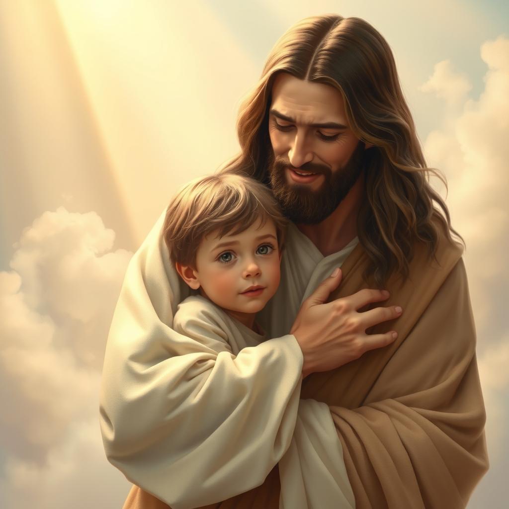 A serene and comforting scene depicting Jesus embracing a frightened young boy