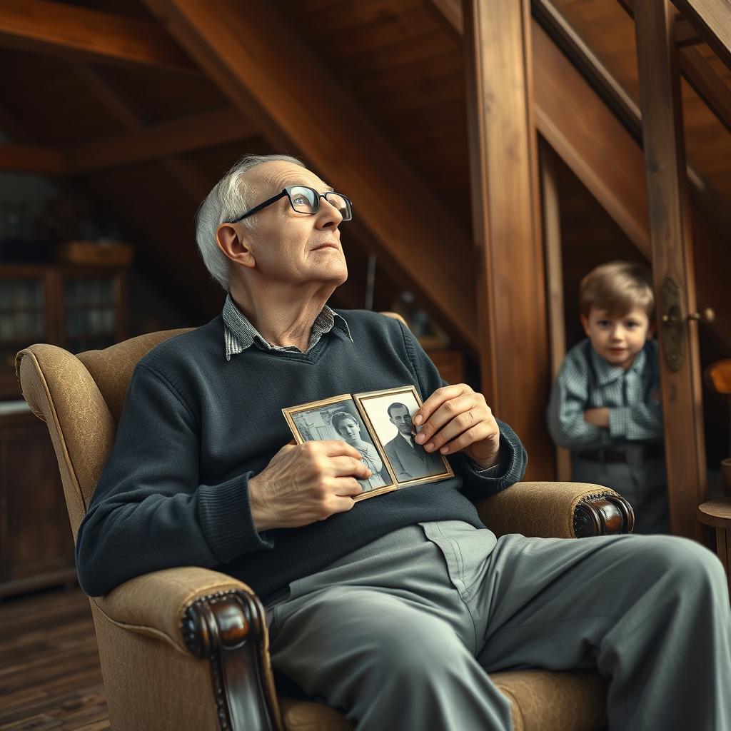 A thin, handsome elderly grandfather with glasses sitting in a vintage armchair on an attic, gazing thoughtfully at the sky