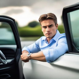 A confident young man, dressed in a stylish business casual outfit, firmly gripping the wheel of a luxurious BMW vehicle, his eyes focused on the road ahead.