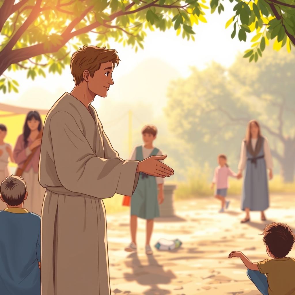 An inspiring image that embodies humility and service, featuring a compassionate figure offering help to another person in need