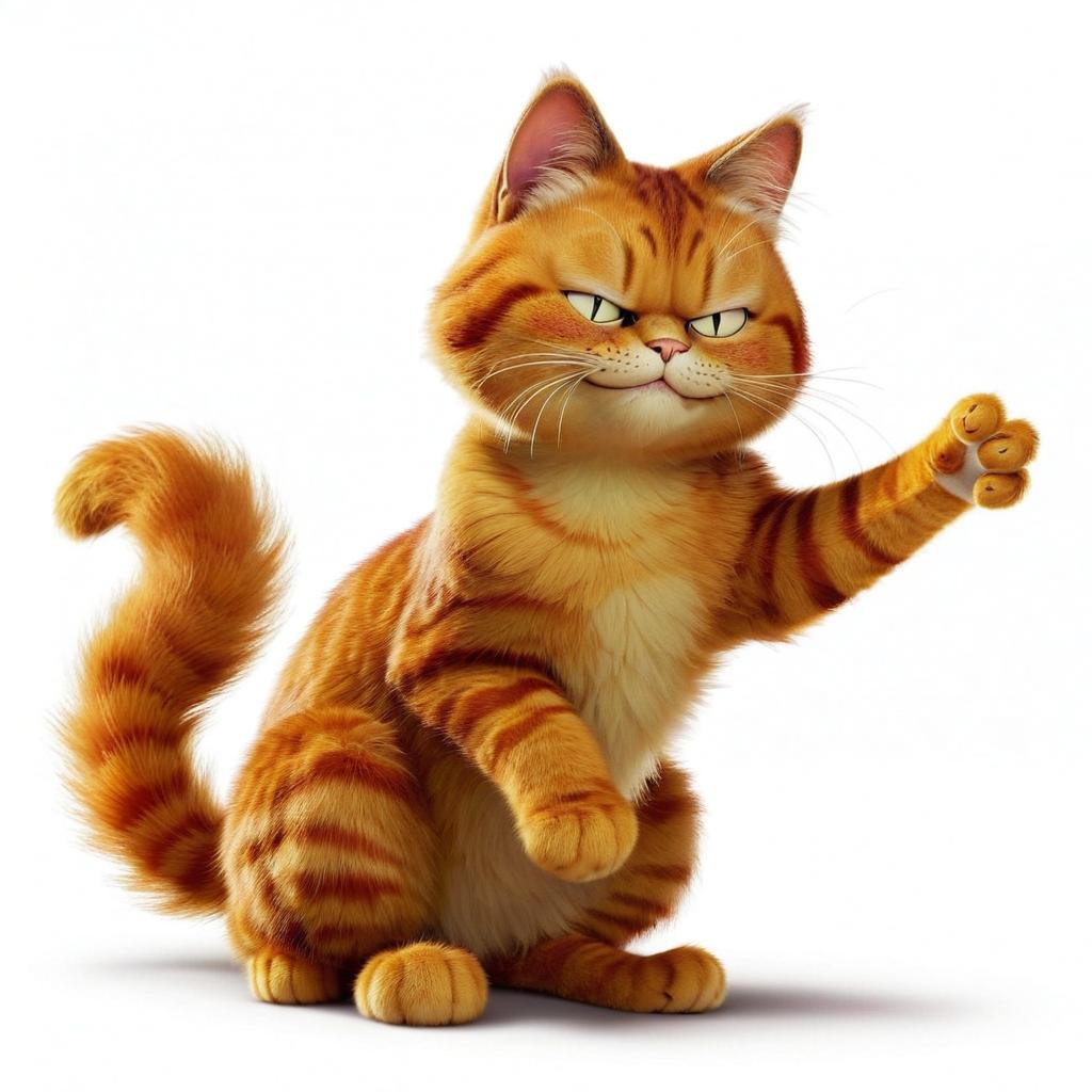 A photorealistic portrait of Garfield from the cartoon, if he were a young woman with a mischievous smile, her amber cat eyes playfully shimmering in the soft daylight, mixing human elegance with feline charm.