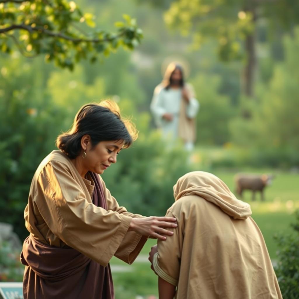 A realistic and heartwarming image that portrays the essence of humility and service, featuring a compassionate figure helping another person in need in a serene outdoor setting