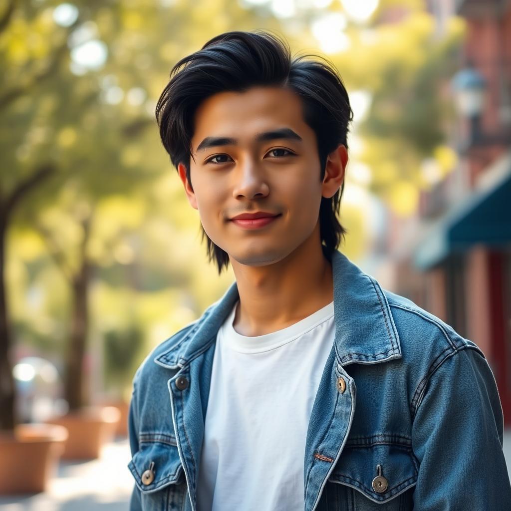 A close-up portrait of a confident individual standing on the left side of the image, looking directly at the camera with a slight smile