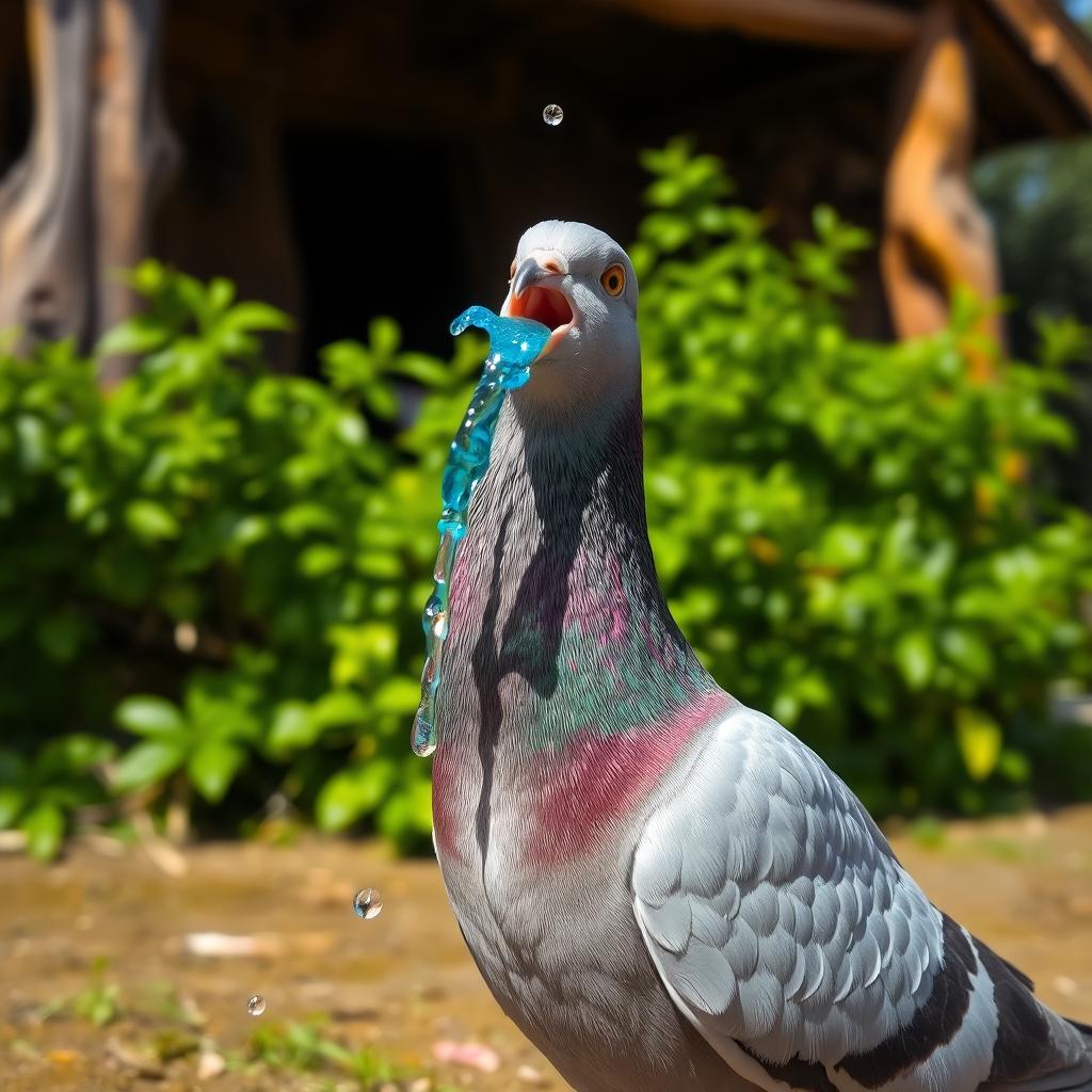 A close-up view of a pigeon standing on the ground with its mouth open, appearing to call out
